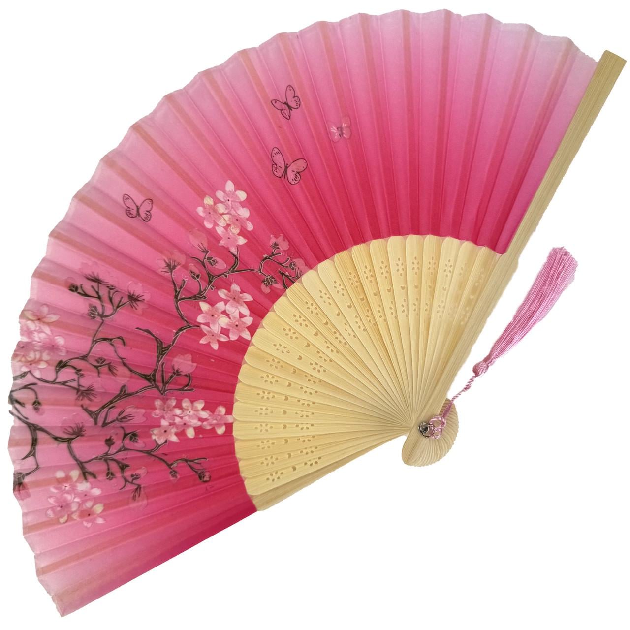 Віяло ручне складане Japan Style Сакура та метелики бамбук/тканина одностороннє 21х37 см Рожевий (C6619)