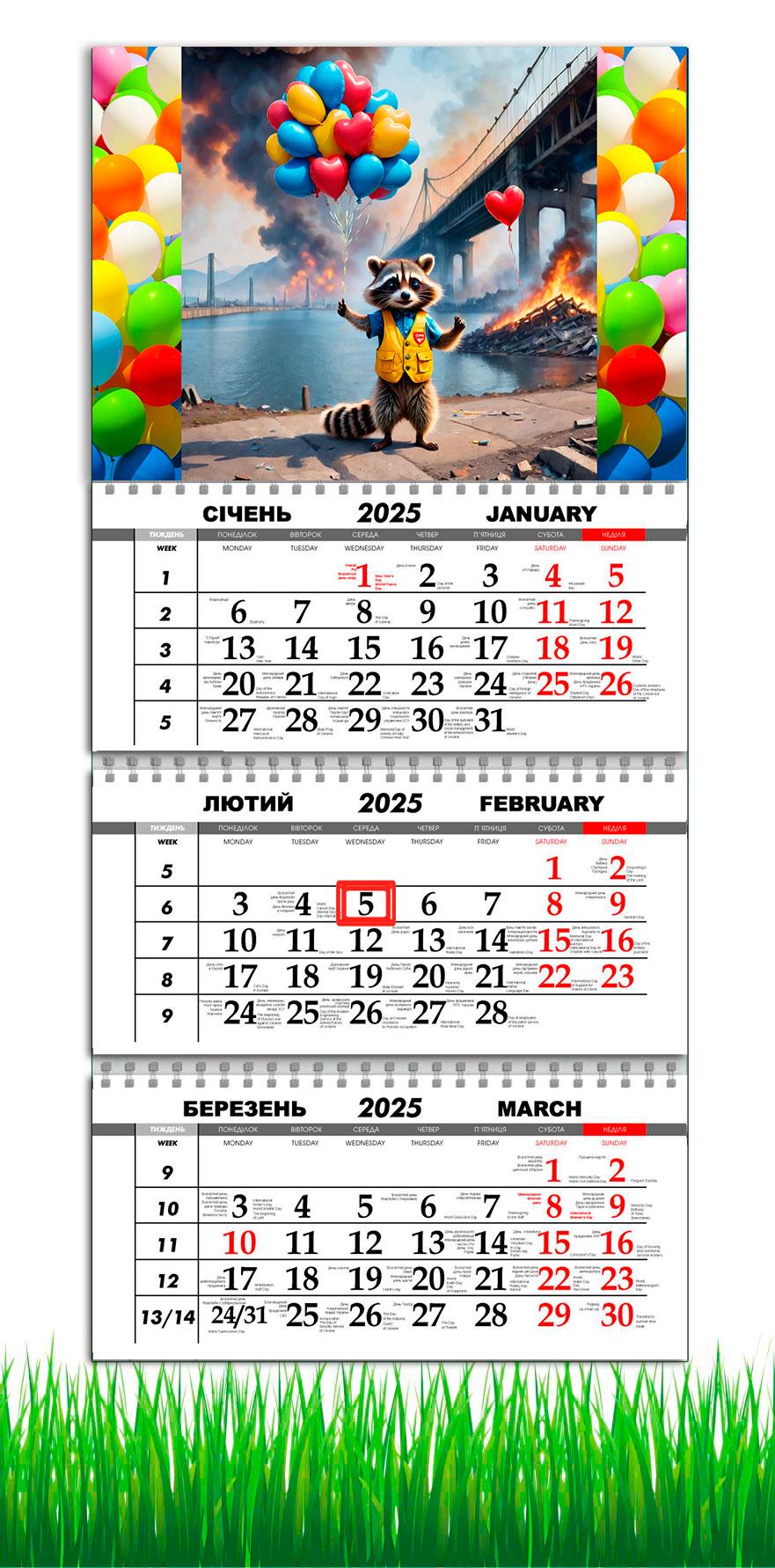 Календарь настенный квартальный на 2025 год APRIORI Валентинка на 3 пружины 30х61 см (UA2951)