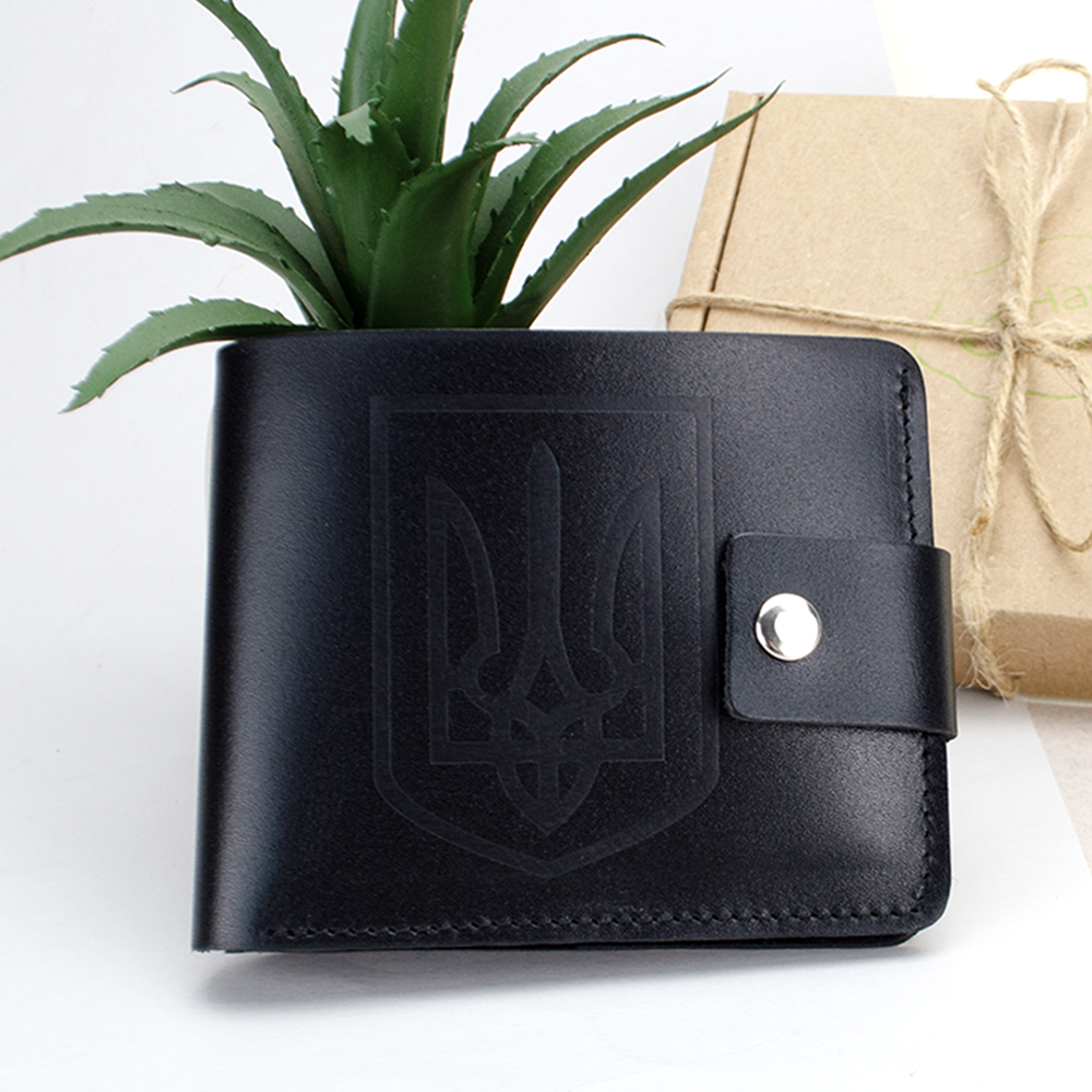 Портмоне мужское кожаное HC-0043-2 с гербом Украины на кнопке Черный глянцевый (1966230918)