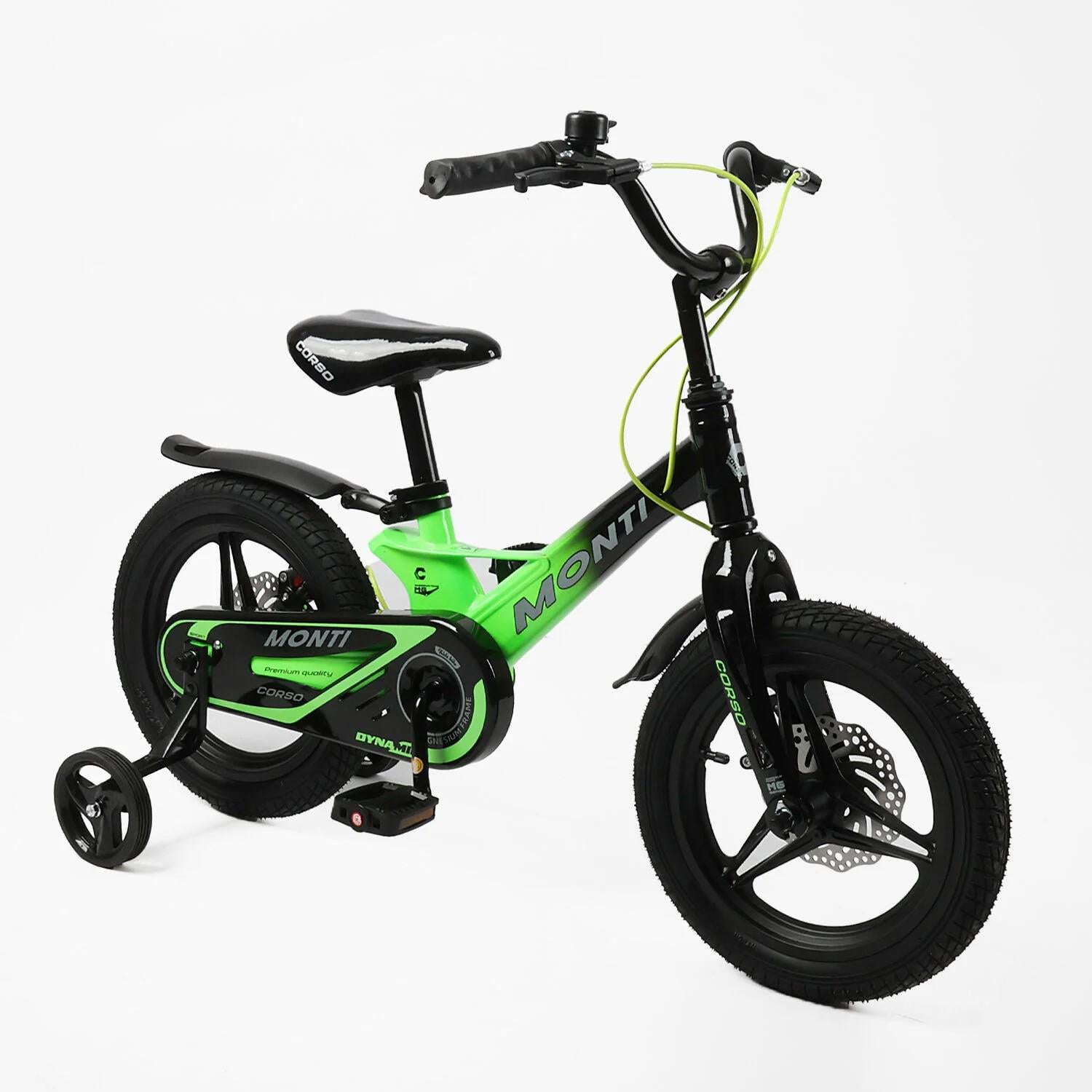 Детский велосипед Corso Monti двухколесный 14" с дополнительными колесами Зеленый (MT-14113)