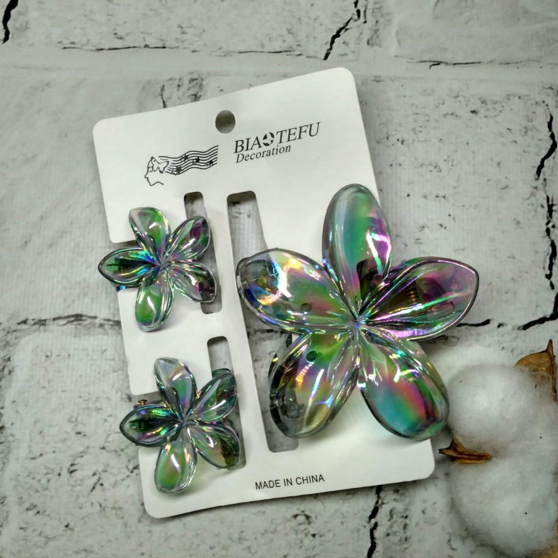 Крабик для волос Гавайский цветок перламутр заколка зажим набор из 3 шт. Серый (8433-5)