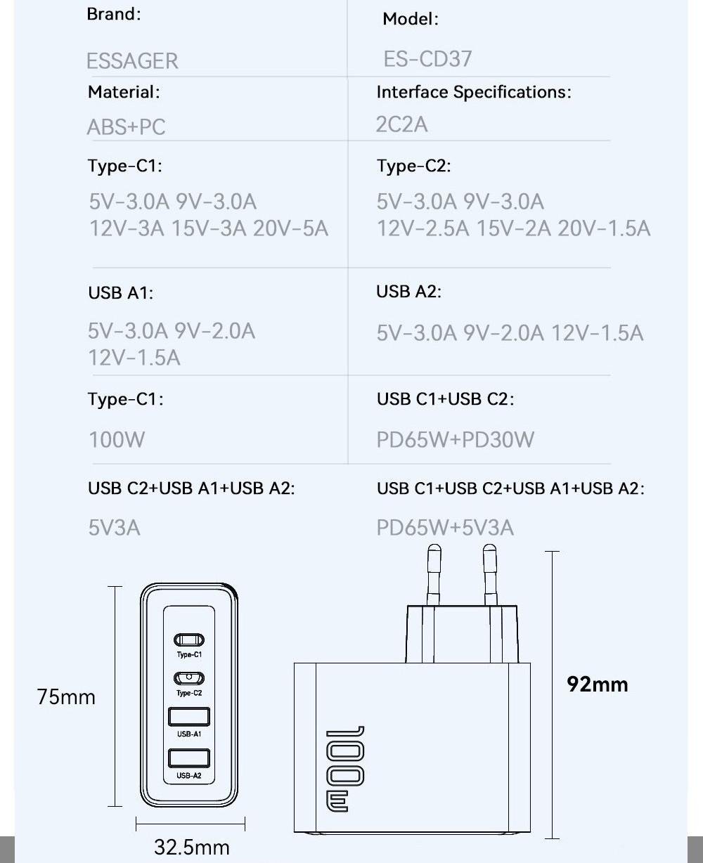 Зарядний пристрій мережевий Essager GAN 100W 2 Type-C/2 USB (25397376) - фото 9 Зарядний пристрій мережевий Essager GAN 100W 2 Type-C/2 USB (25397376) - фото 9