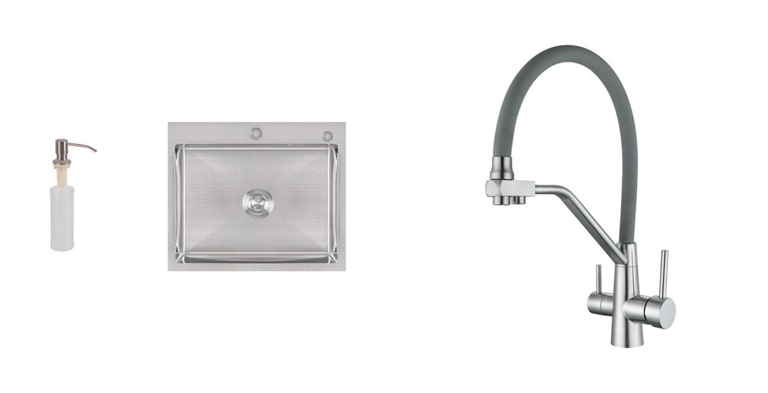 Мойка для кухни из нержавеющей стали Lidz PWANG6050 с дозатором и смесителем под осмос с гибким гусаком Серый (27262632)