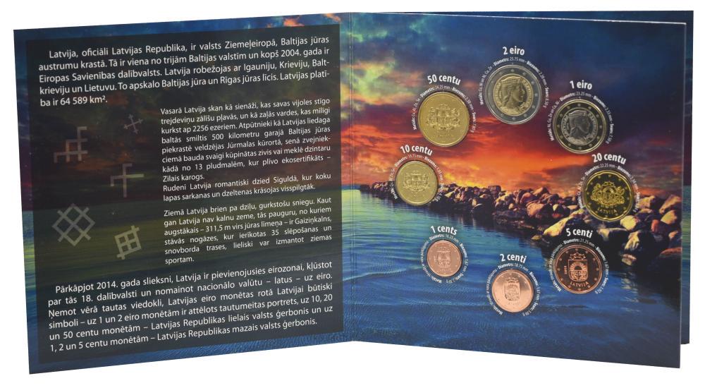 Коллекционные монеты Латвия 8 шт. евро 2014 UNC 1/2/5/10/20/50 евроцентов/1/2 евро в сувенирной упаковке (М21425)