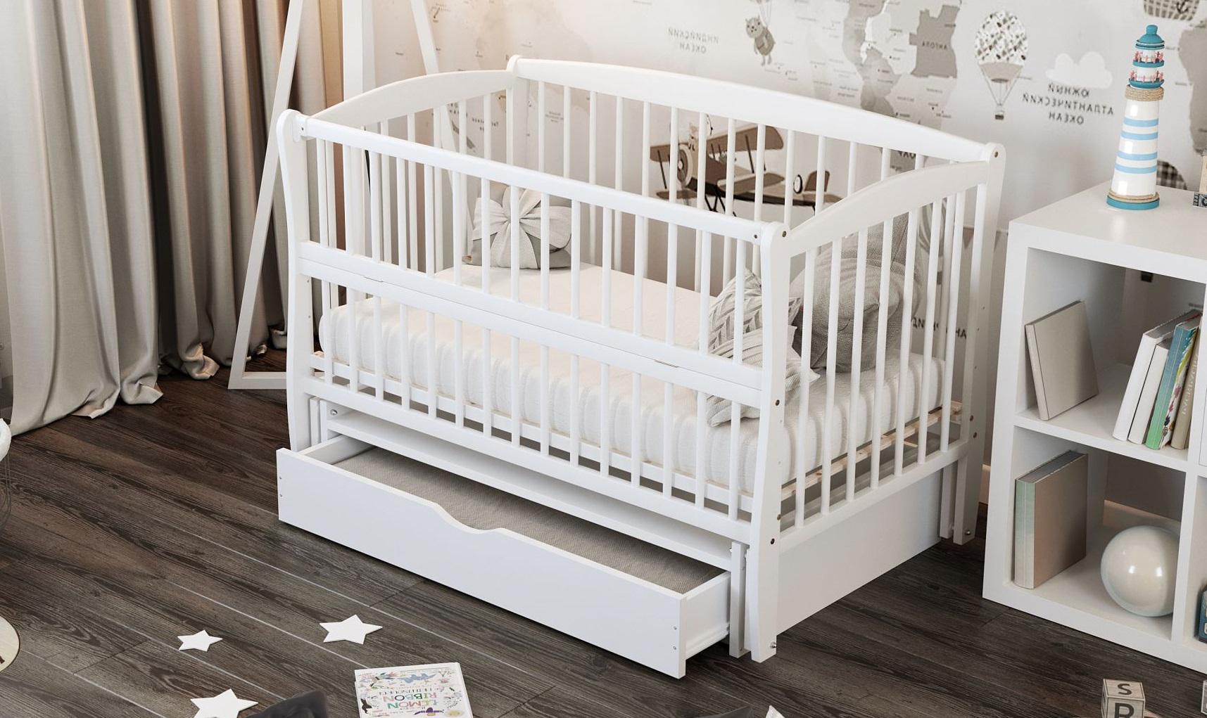 Кроватка люлька для новорожденных Элит ящик/маятник/откидная сторона/3 уровня дна White (31941666)