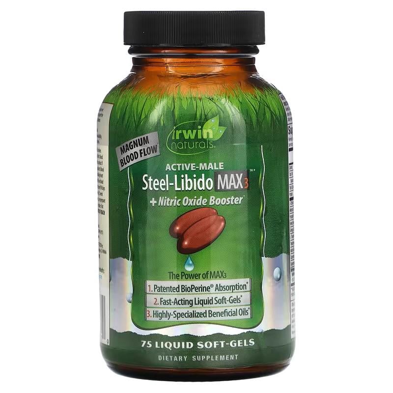 Витамины для либидо мужчин Irwin Naturals Active-Male Steel Libido Max3/Nitric Oxide Booster 75 Liquid Soft-Gels