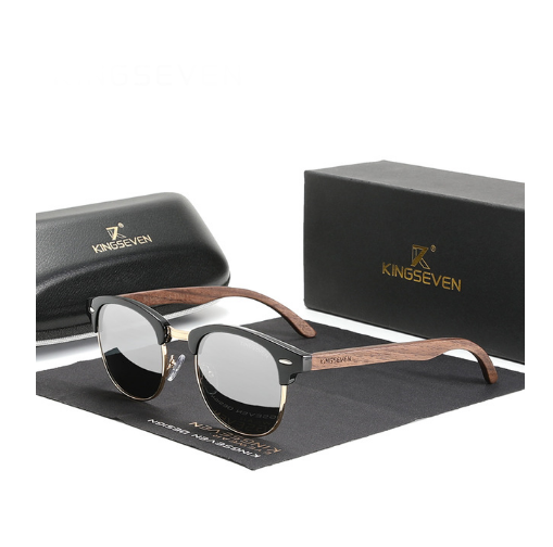 Солнцезащитные очки KINGSEVEN DESIGN Browline из ореховой древесины с поляризованными линзами Серый/Зеркальный (N5516)