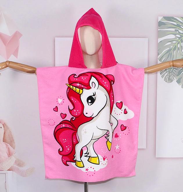 Полотенце пончо с капюшоном детское Единорог для девочек 60х120 см Розовый