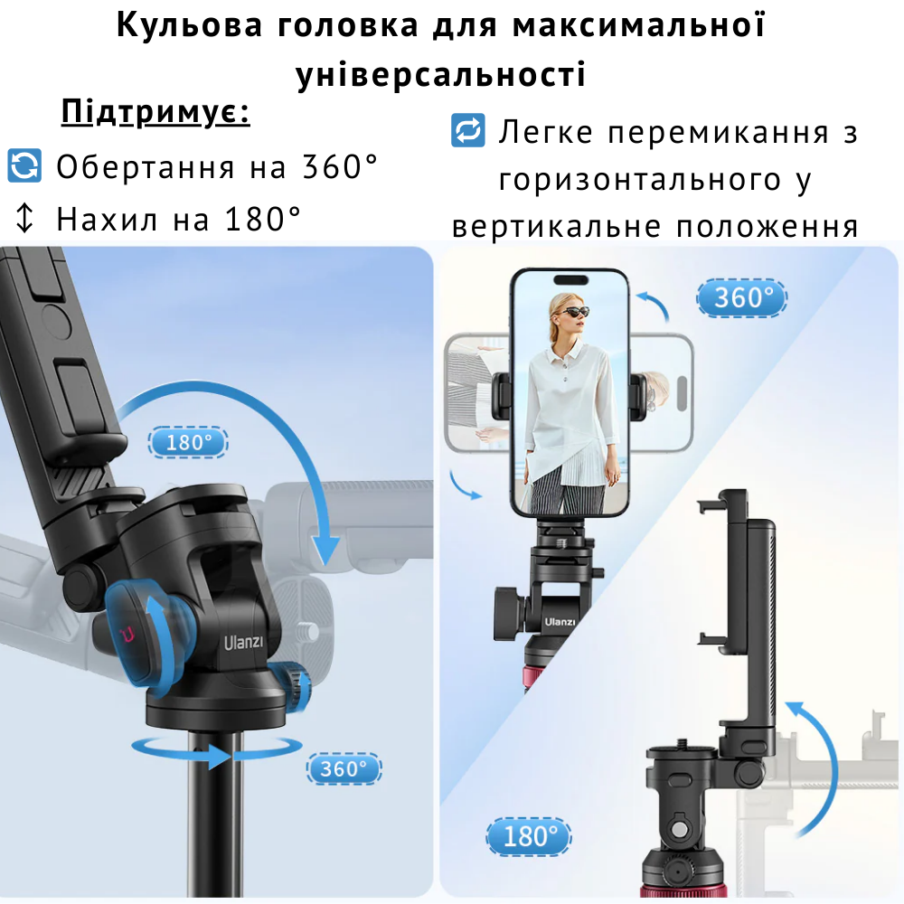 Селфи-монопод для телефона/камеры Ulanzi Bluetooth с пультом складной до 185 см Черный (MT-78) - фото 9