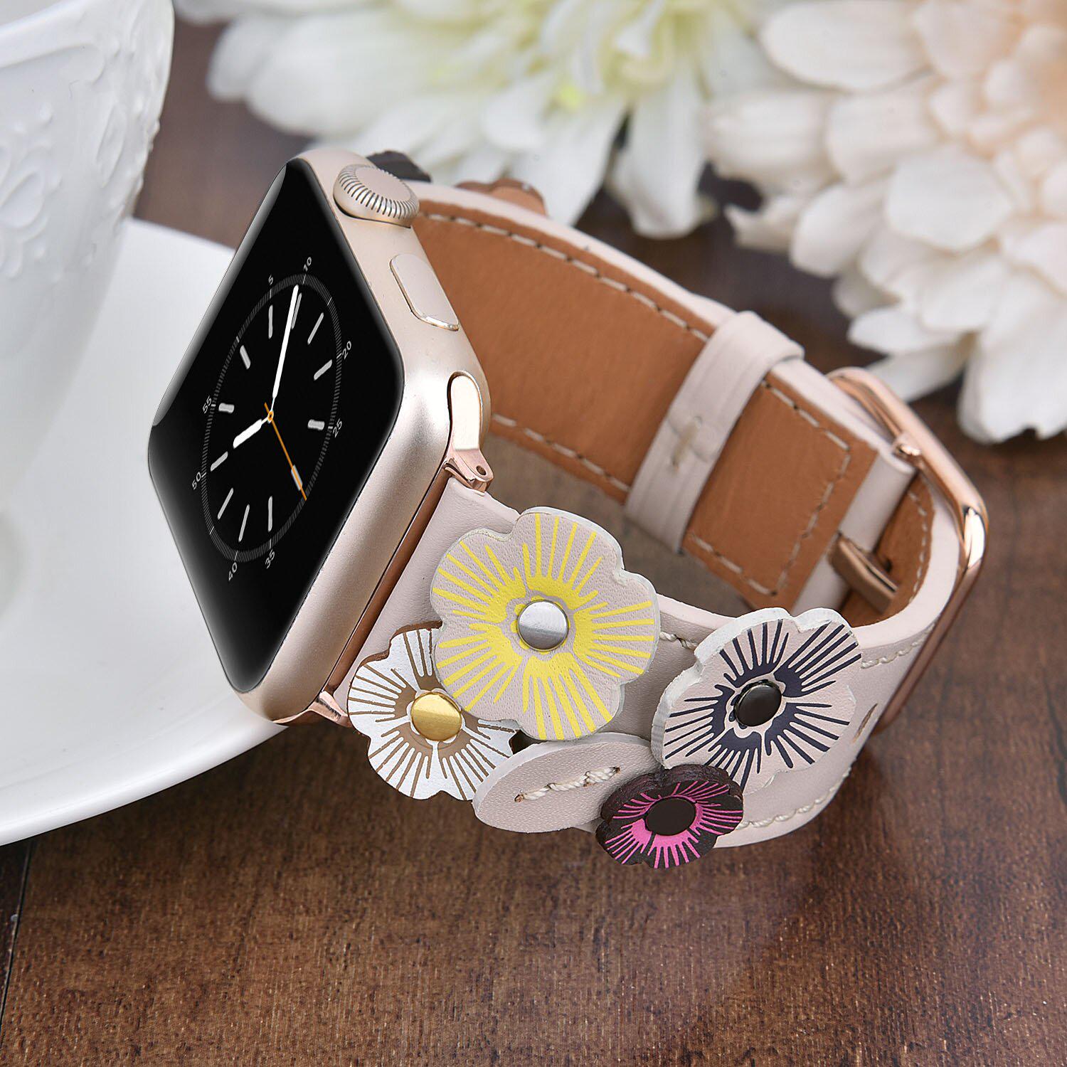 Кожаный ремешок для Apple Watch Цветы 38-40 мм Бежевый