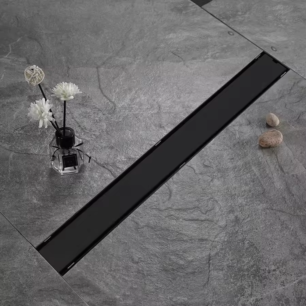 Трап для душу та ванної кімнати з нержавіючої сталі під плитку для зливу води підлоговий лінійний 60х6,8х2 см Чорний