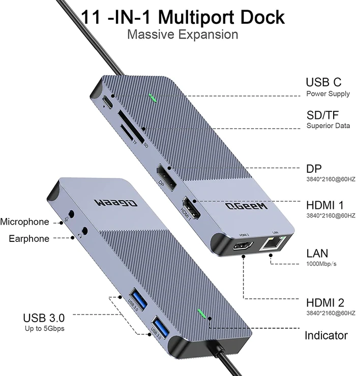 Док-станцыя QGEEM 11-В-1 USB C/3.0 З DP-DUAL 4K - фото 4