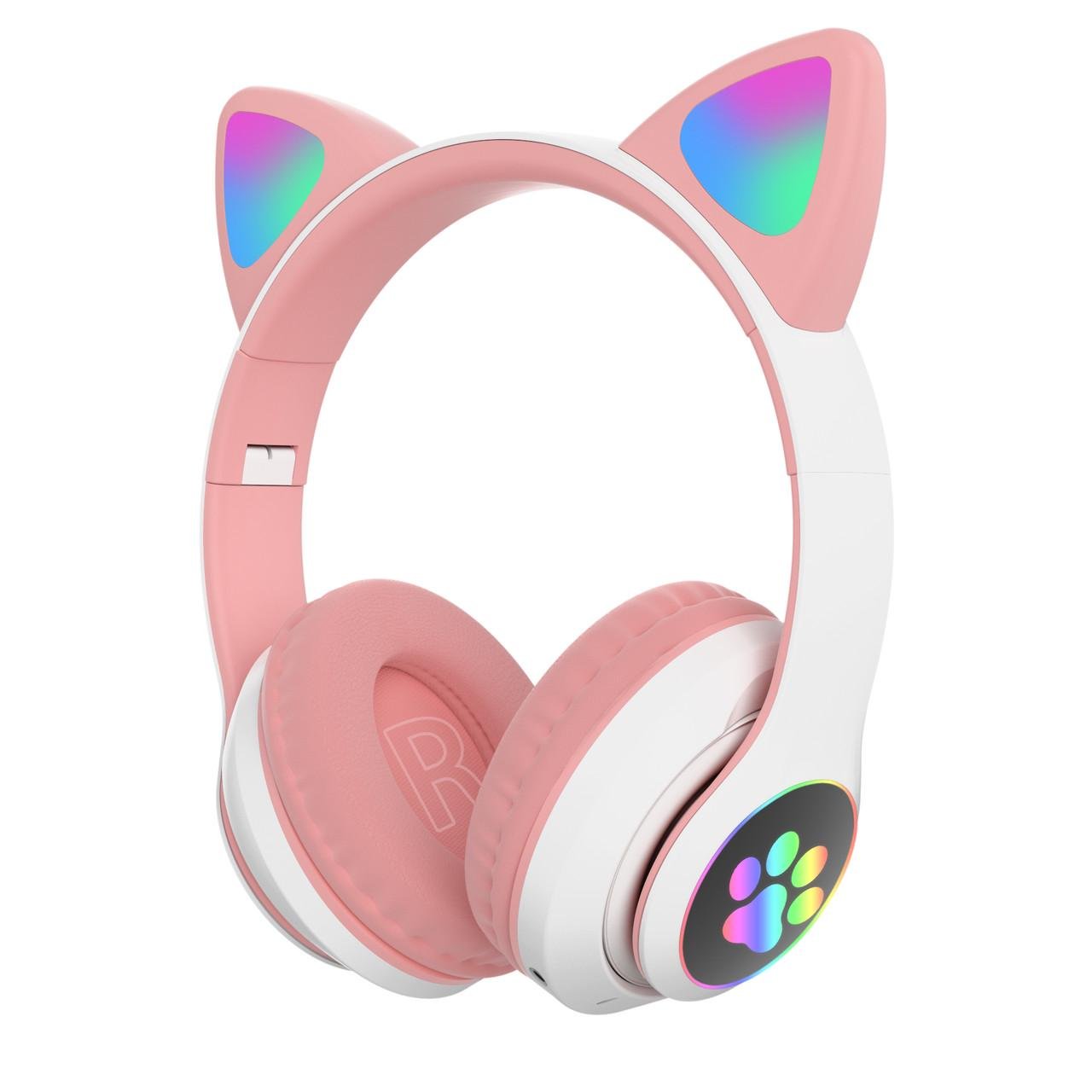 Навушники бездротові Котячі вушка з підсвічуванням RGB та MP3 плеєром Bluetooth/FM/Карта 32 Gb Pink