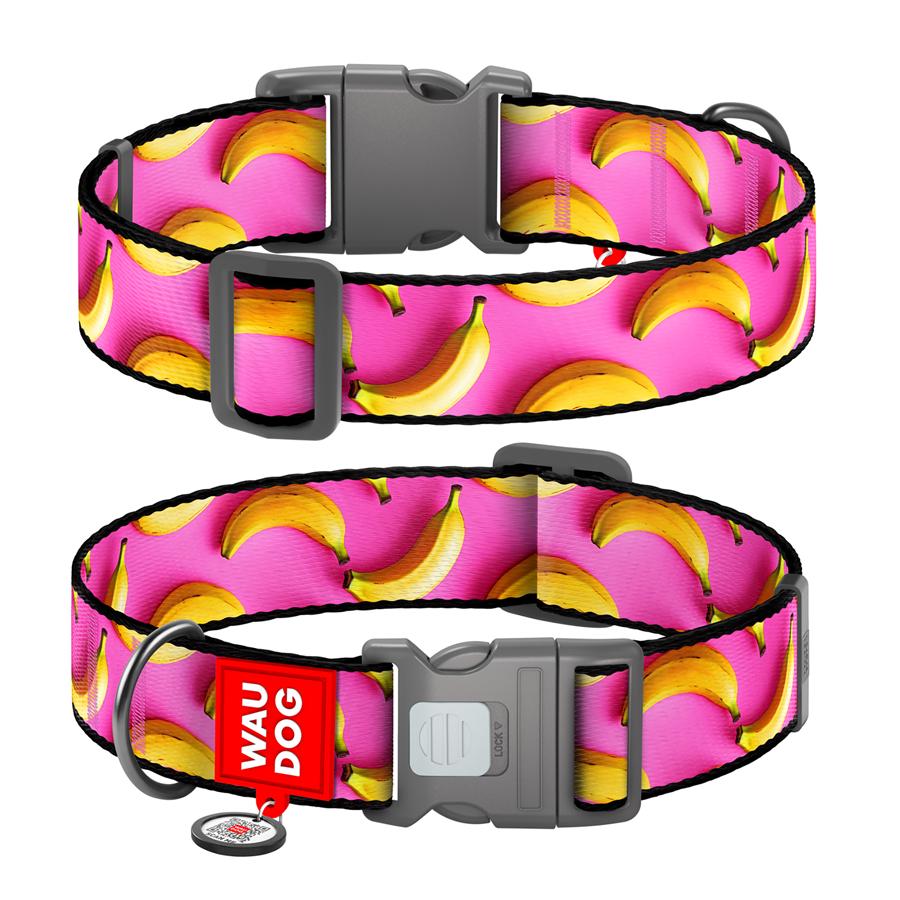 Ошейник для собак с QR-паспортом Waudog Nylon Бананы пластиковый фастекс XXL 35 мм 46-70 см Pink (284-4055) - фото 1
