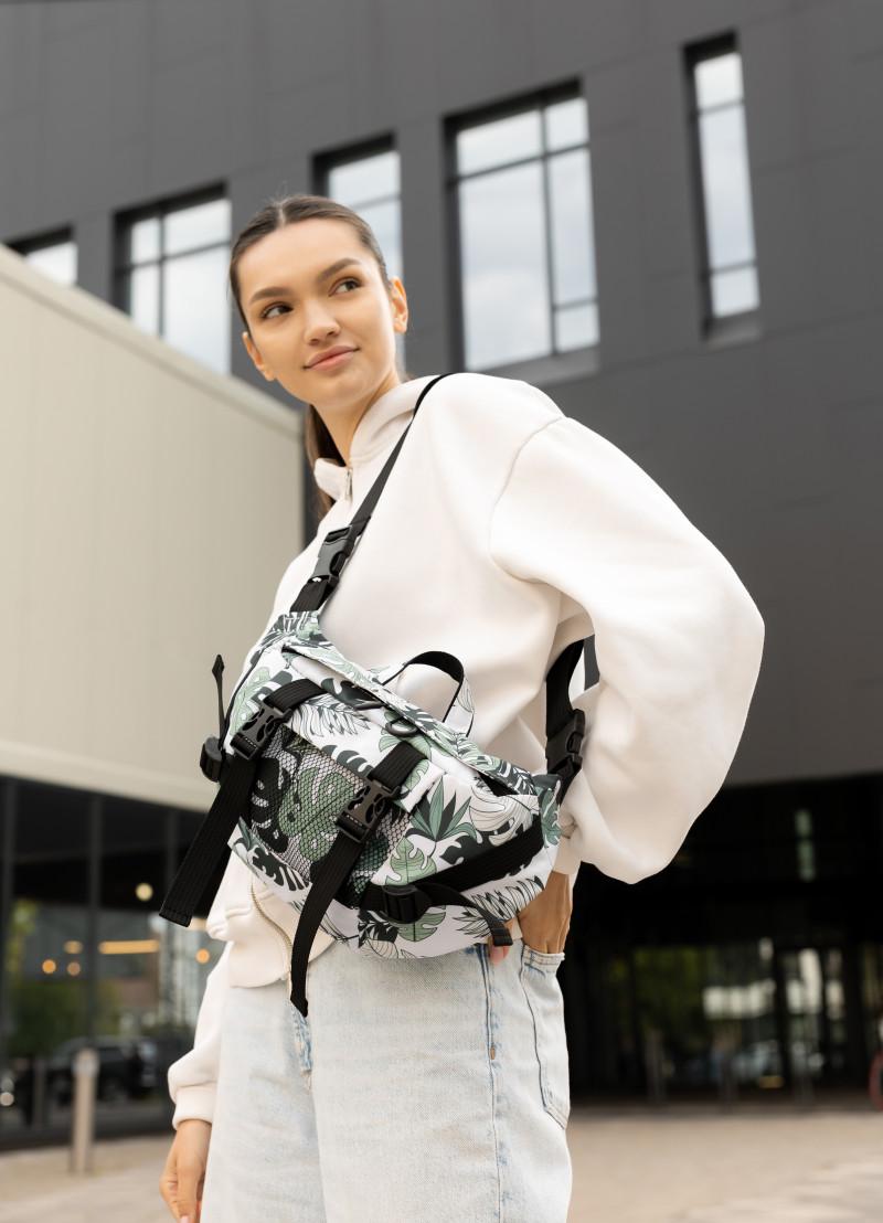 Поясная женская сумка-бананка Sambag DynamicDart принт Leaves 38×21×7 см (80411144)