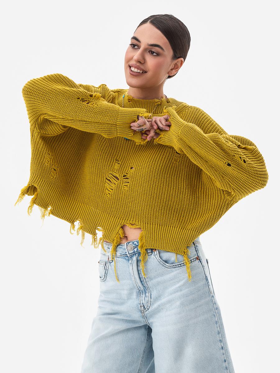 Свитер женский с рваным эффектом SVTR р. 42-50 Горчичный (562) - фото 2