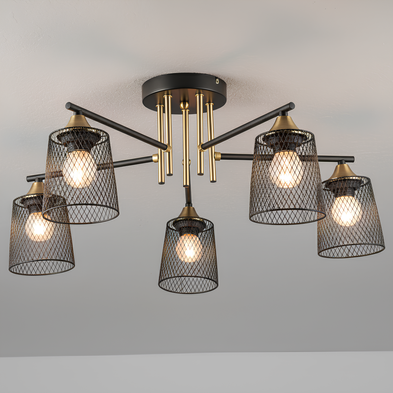 Люстра Valeso на пять плафонов в сетку под лампы Е27 Черный/Медный (B A4437/5 BK+COP)