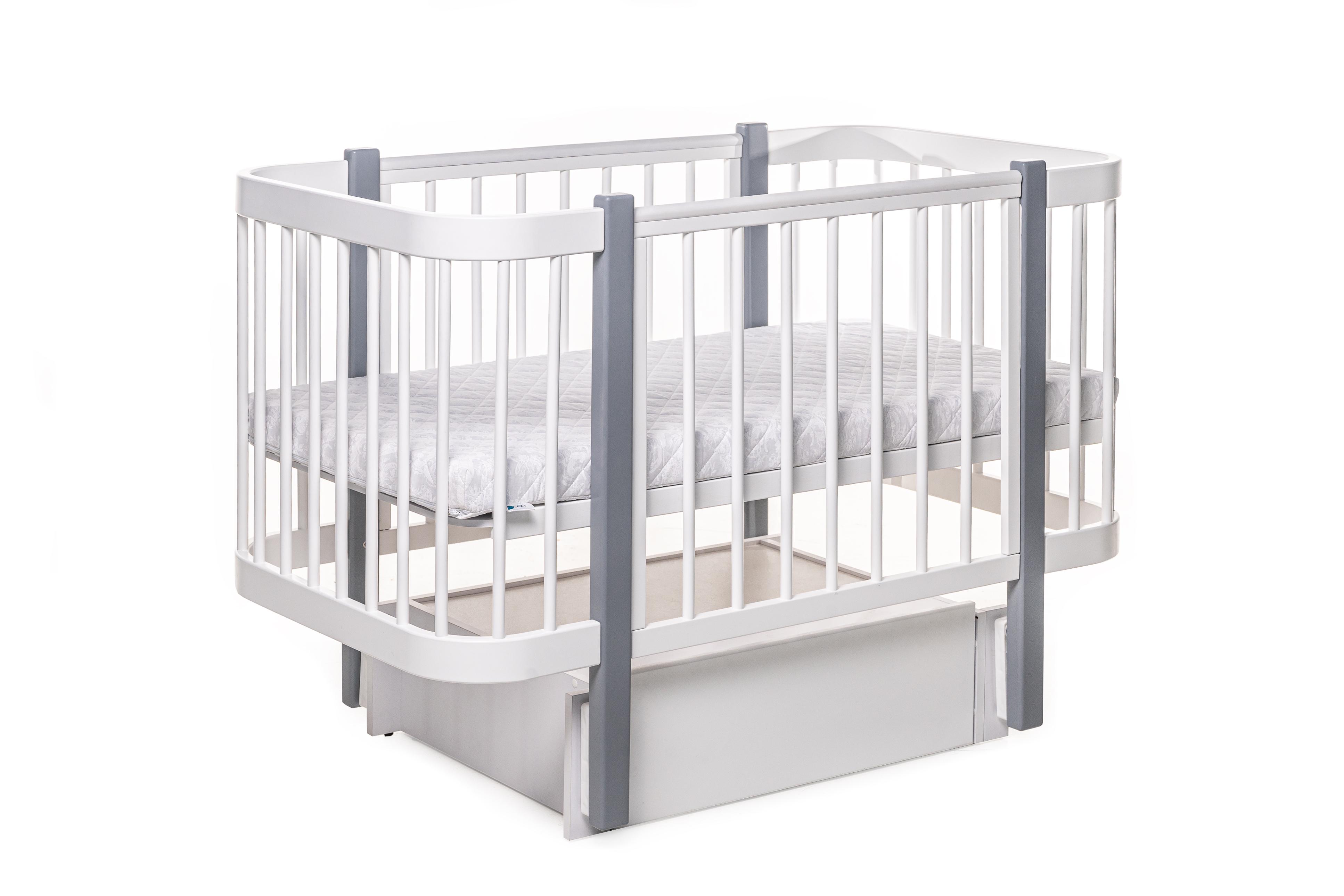 Детская кроватка Баю-бай с маятником и ящиком из бука Белый с серыми ножками (DS745-1)