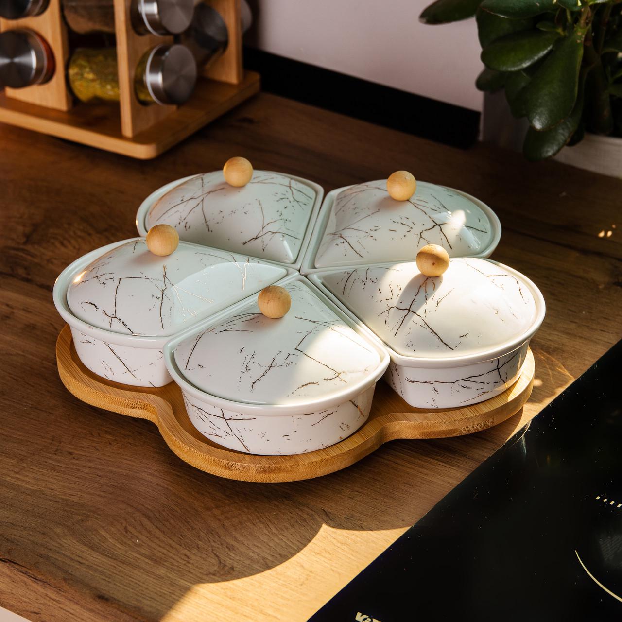 Менажниця порцелянова на підставці що обертається 5 секцій Білий (HP-1217) - фото 7 Менажниця порцелянова на підставці що обертається 5 секцій Білий (HP-1217) - фото 7