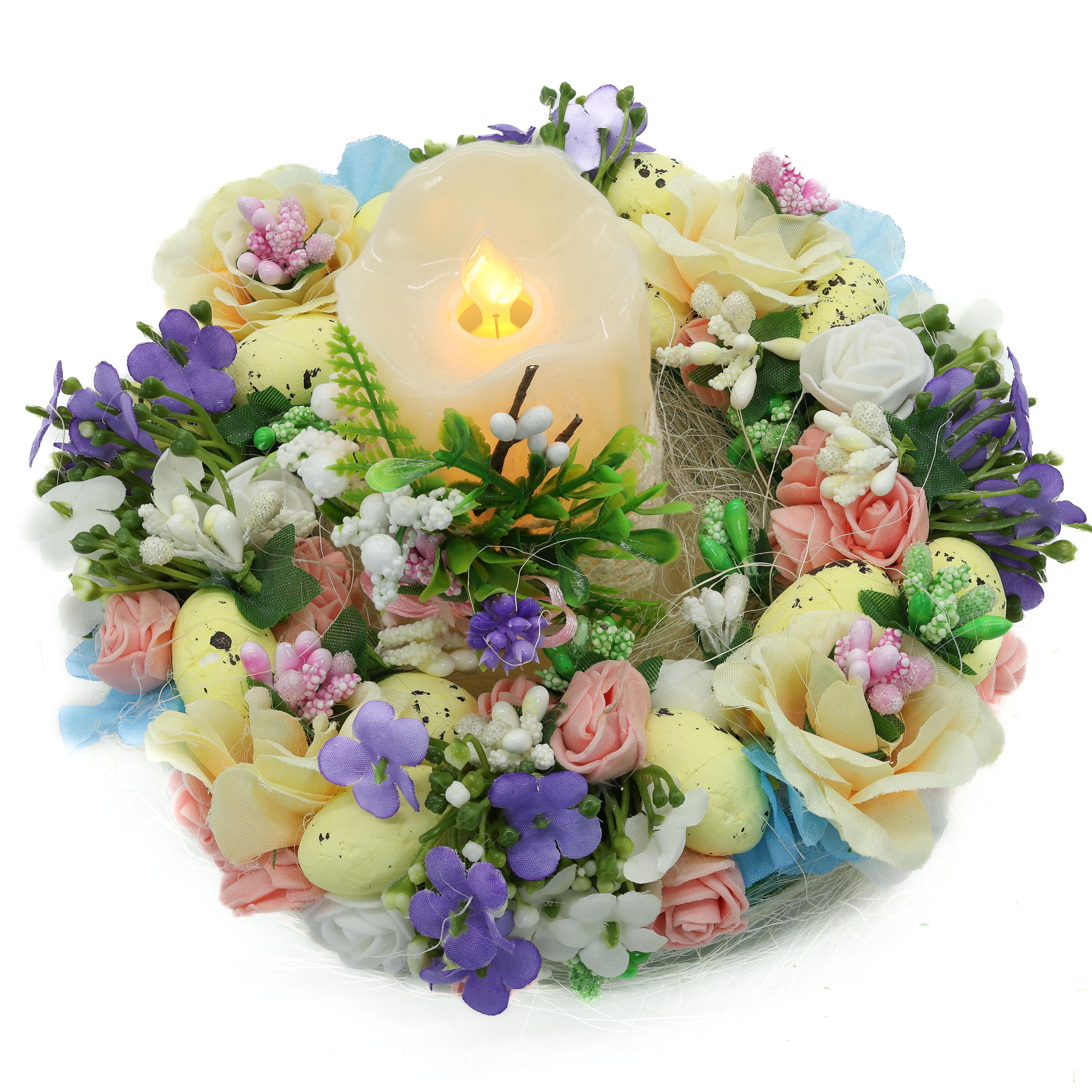 Венок-подсвечник ДАЙС с декоративными яйцами и цветами с LED свечой 19 см