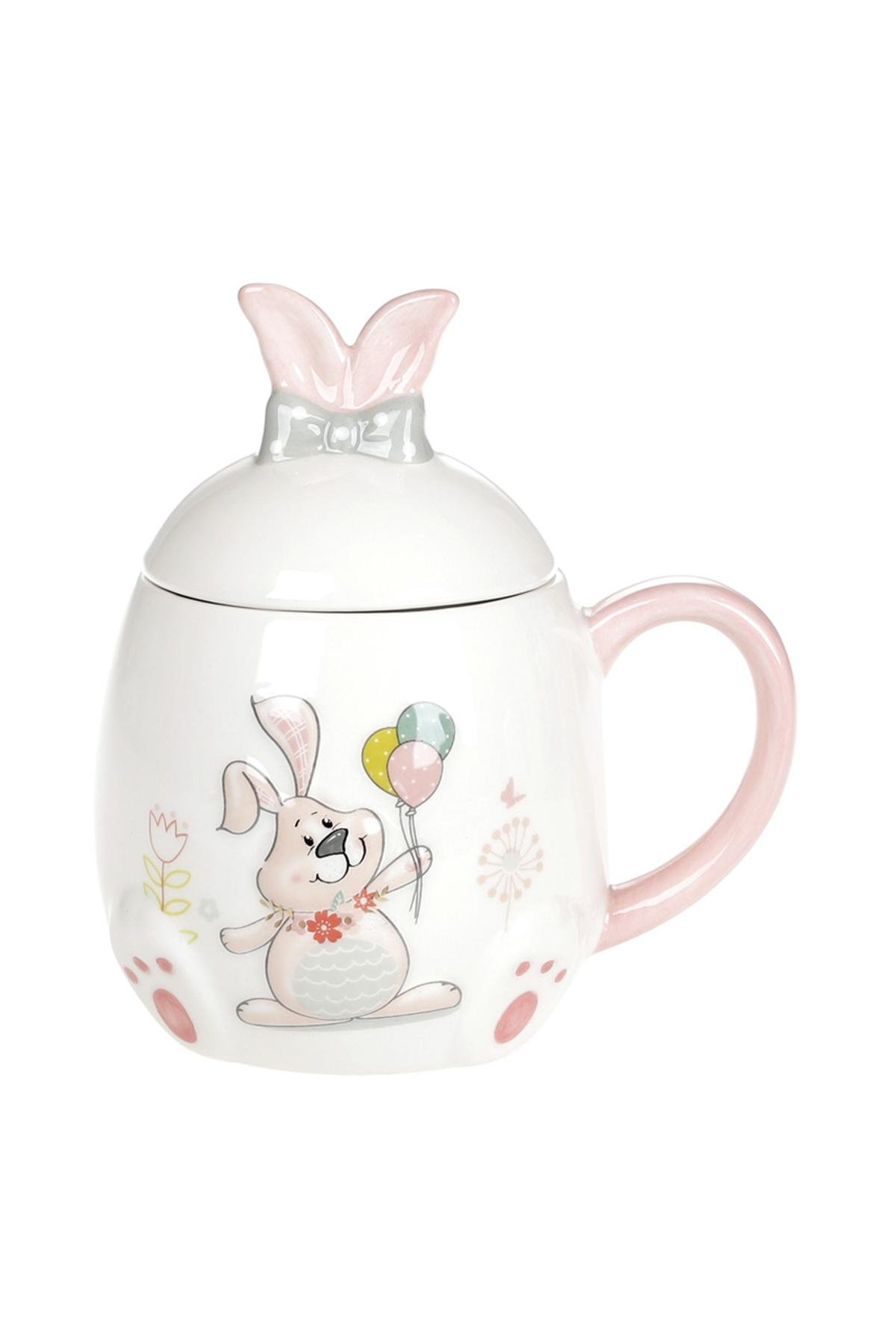 Кружка керамічна Веселий кролик з кришкою та об'ємним малюнком 450 мл (SKT001047105)