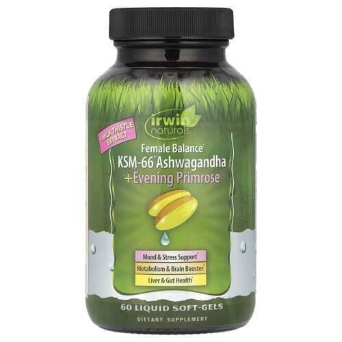 Витамины для женщин Irwin Naturals KSM-66 Ashwagandha + Evening Primrose 60 Liquid Soft-Gels (IRW-41226)