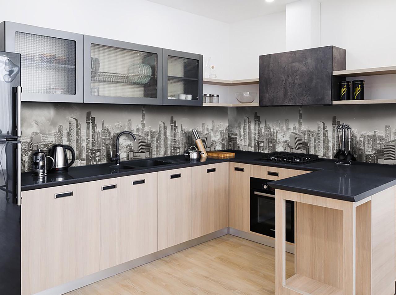 Кухонный фартук Город небоскребы из самоклеющейся виниловой пленки 60х250 см Серый