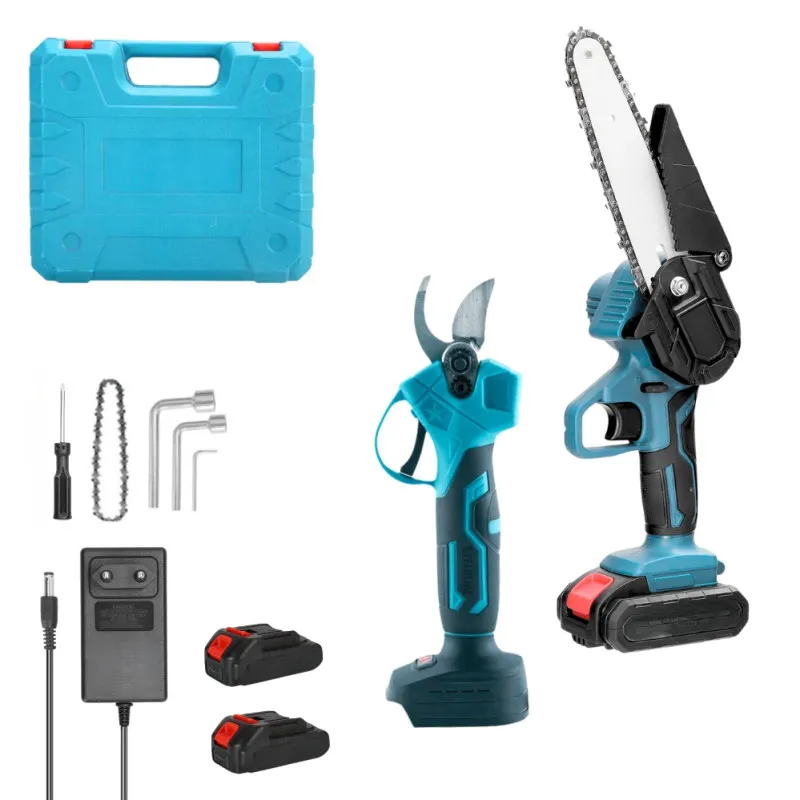 Набор секатор и мини пила для обрезки деревьев c с 2 аккумуляторами 21 Вт в кейсе Синий с черным (2767606677)