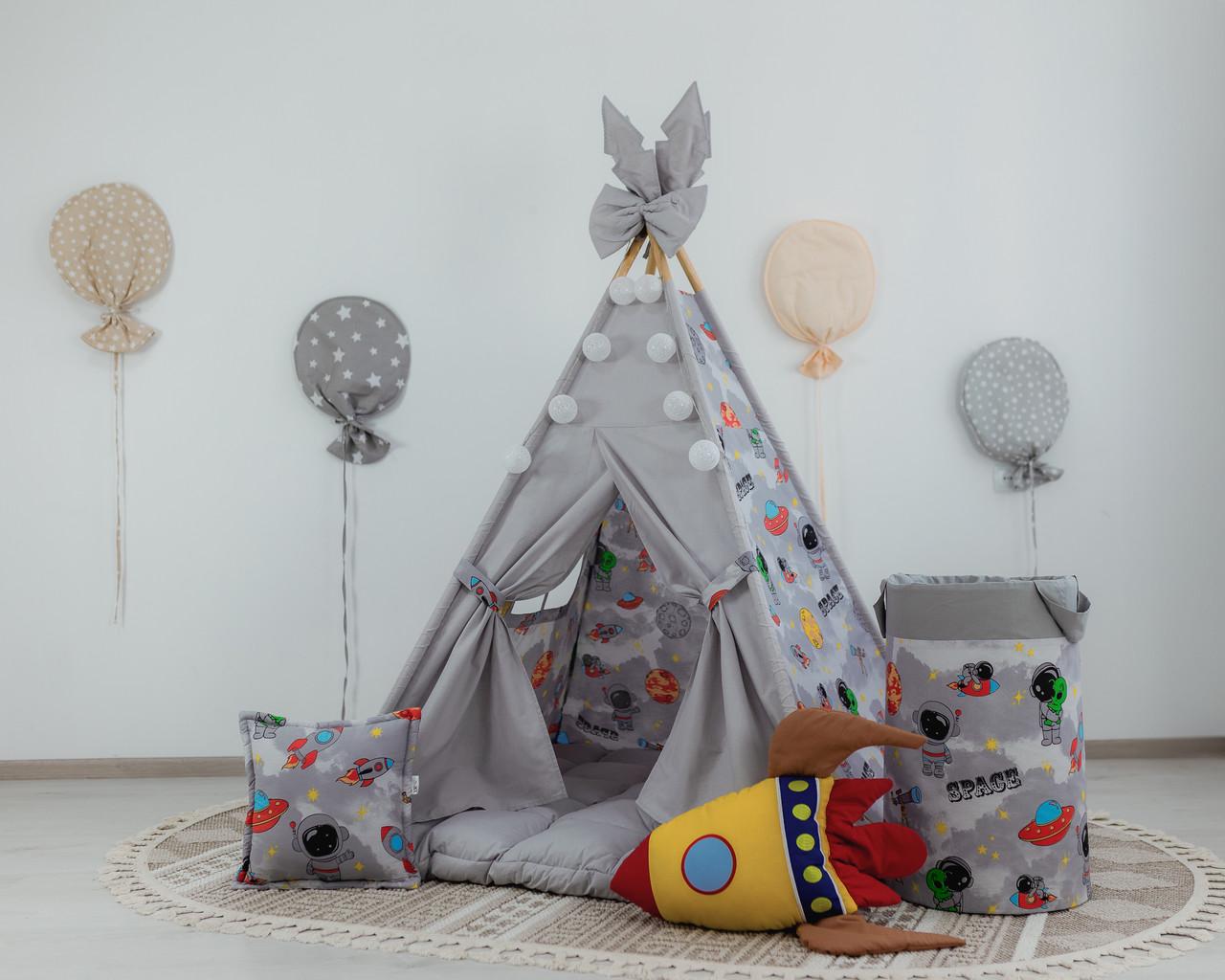 Вігвам дитячий Космос з килимком бон бон з подушками з кошиком для білизни