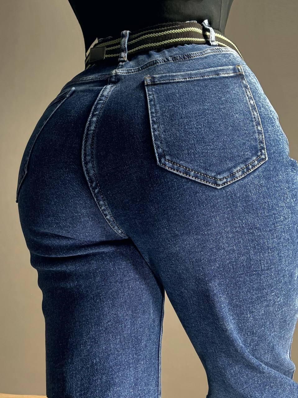 Джинсы женские Derun 8200 палаццо ровная талия на резинке с ремнем р. 32 Синий (4829) - фото 8