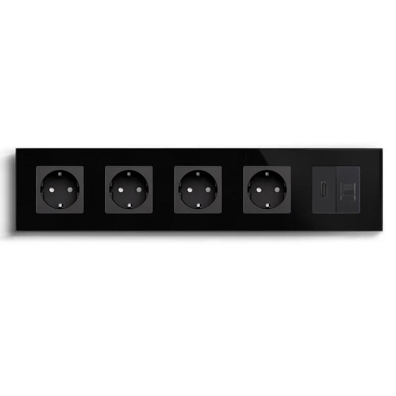 Розетка пятиместная LUXION с HDMI/интернет RJ-45 настенная стеклянная рамка Черный (LX-M5FHDMICAT6-BK)