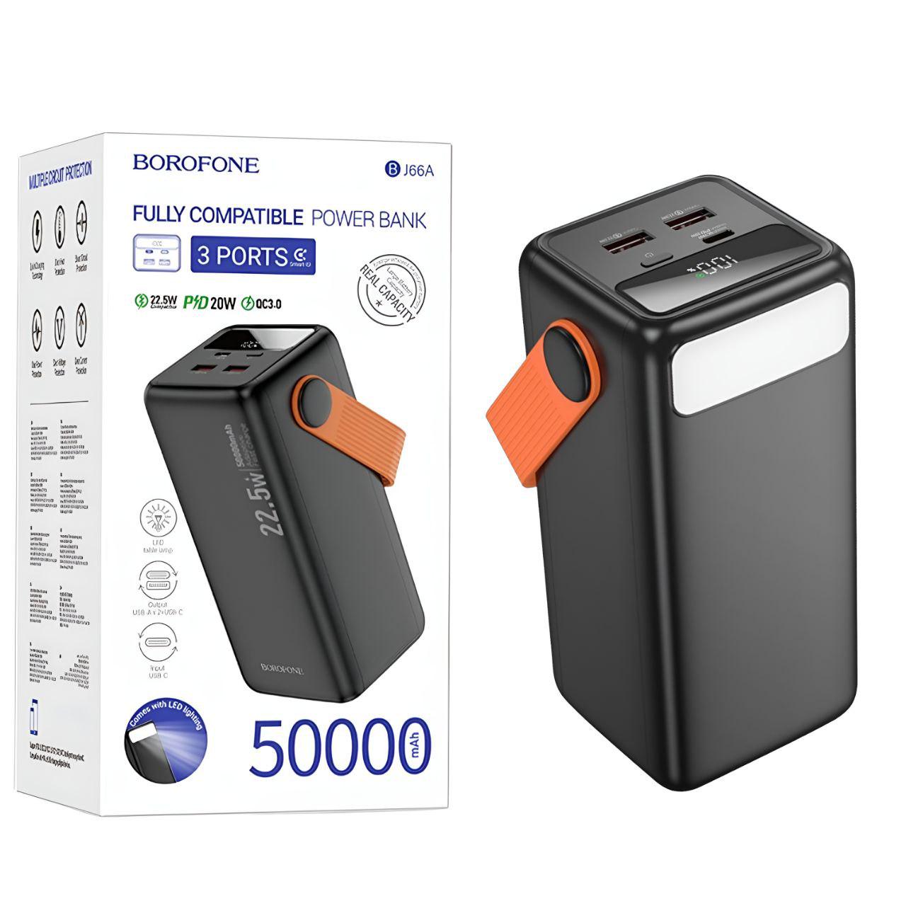 Повербанк Borofone BJ66A 50000 mAh Type-C/2xUSB-A 22,5W і PD20W з LED-дисплеєм та ліхтариком Чорний (25669311) Повербанк Borofone BJ66A 50000 mAh Type-C/2xUSB-A 22,5W і PD20W з LED-дисплеєм та ліхтариком Чорний (25669311)