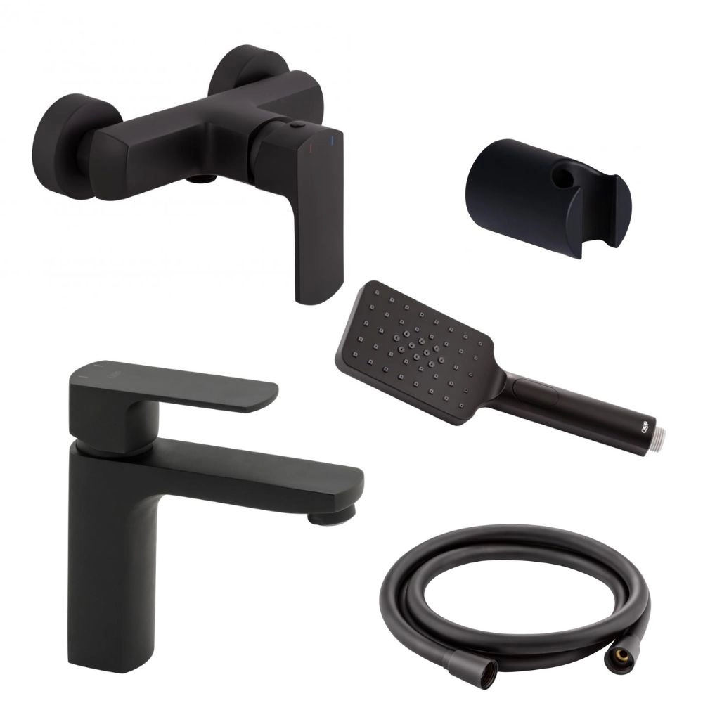 Набор смесителей Qtap Lipno для душа с душевым гарнитуром 5в1 Черный