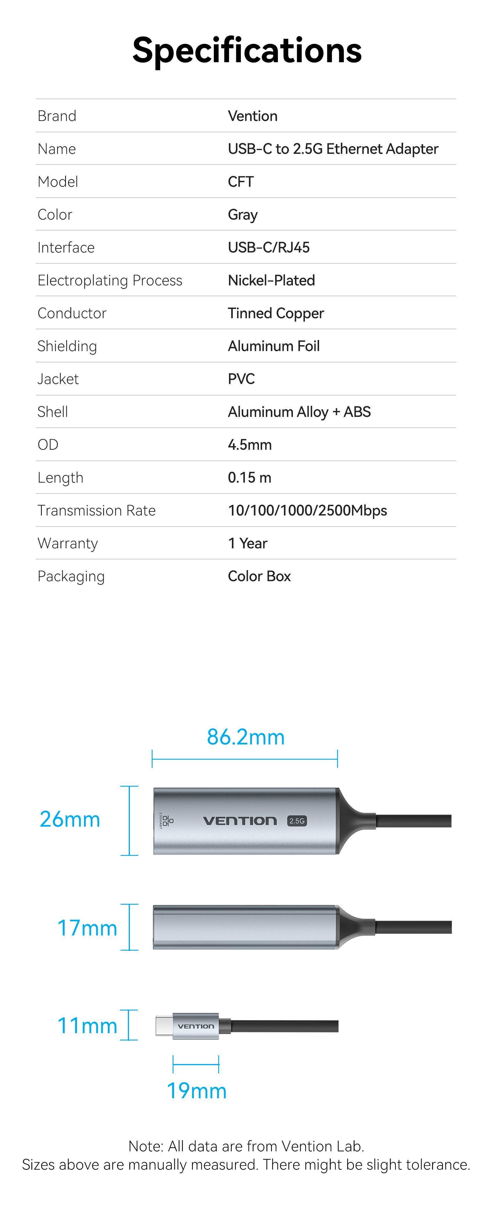 Адаптер USB-C Vention 2.5 гбит/с алюминиевый 0.15 м Серый (CFTHB) - фото 10