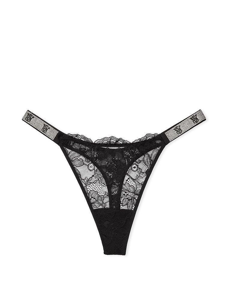 Труси жіночі Victoria's Secret Shine Strap Lace Thong Panty мереживо зі стразами XS Чорний (15397524) - фото 3