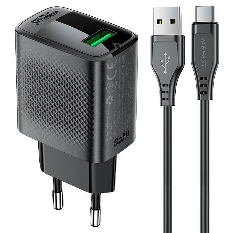 Зарядное устройство для телефонов с кабелем Acefast A90 QC18W GaN single USB-A charger set P3 EU Black (24690)