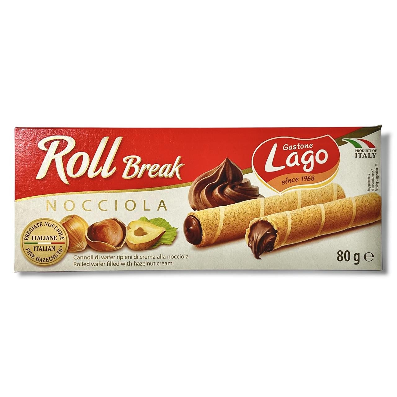 Вафельні трубочкі LAGO Roll break nocciola з горіховим кремом 80 г (1891304618)