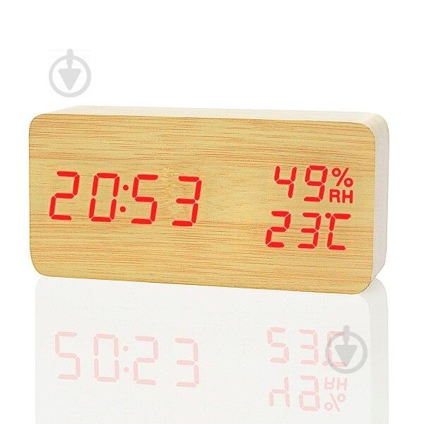 Настольные часы Wooden Watch светодиодные с индикатором влажности и будильником USB 15см Жёлто-красные (VST-862S-1)