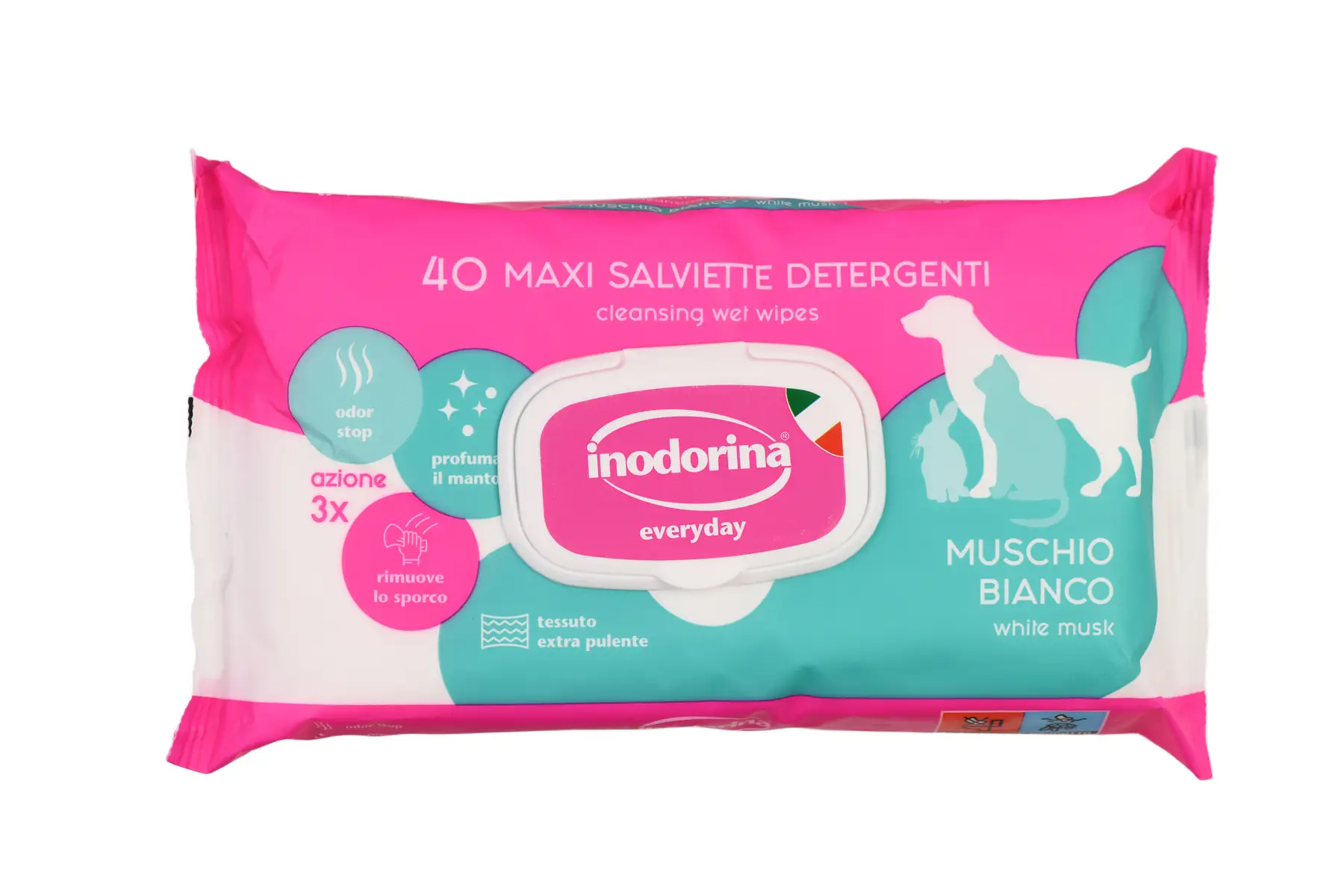 Влажные салфетки для всех типов шерсти кошек/собак и кроликов с ароматом белого мускуса Inodorina Everyday Muschio Bianco 40 шт.
