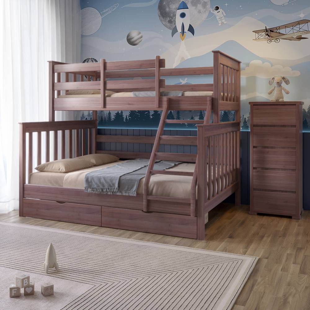 Кровать двухъярусная деревянная Mebigrand Скандинавия с ящиками 140-90x190 см Орех лесной (MBG-2247)