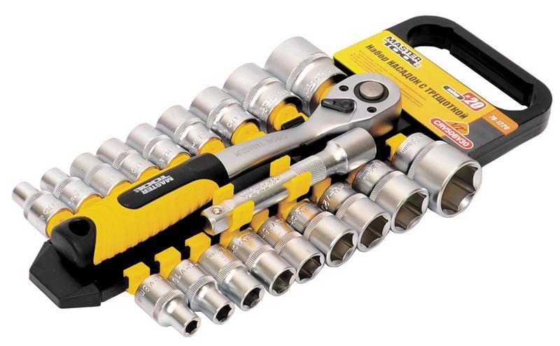 Набор насадок торцевых MASTERTOOL PROFI CrV 1/2"  8-32 мм удлинитель 125 мм трещотка 72Т 20 шт 78-1220