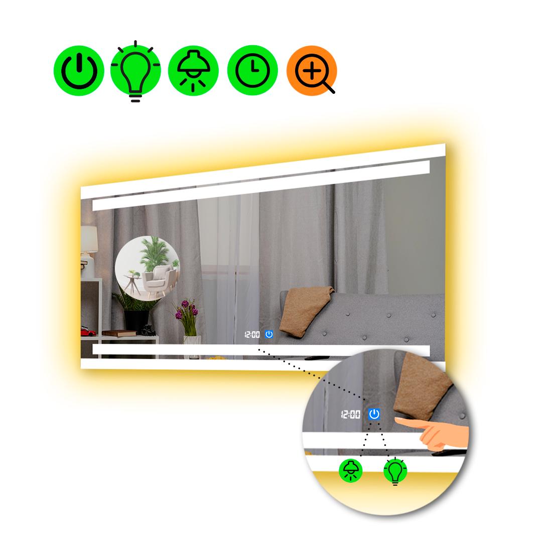 Зеркало с LED подсветкой Letizia с сенсором/часами и линзой без подсветки 90x60 см (8776089)