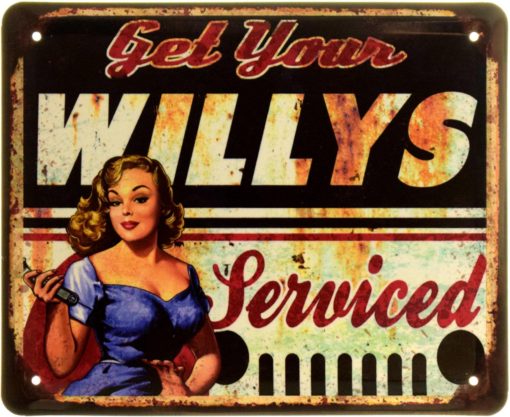 Табличка металлическая "Get Your Willys Serviced Pin Up" 18x22 см (ms-103962)