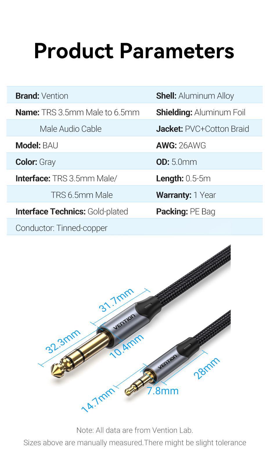 Кабель Vention 6.5 мм Jack-3.5 мм minijack HiFi стерео AUX на 6.35 мм нейлонове обплетення TRS 5 м Чорний (BAUHJ) - фото 9 Кабель Vention 6.5 мм Jack-3.5 мм minijack HiFi стерео AUX на 6.35 мм нейлонове обплетення TRS 5 м Чорний (BAUHJ) - фото 9
