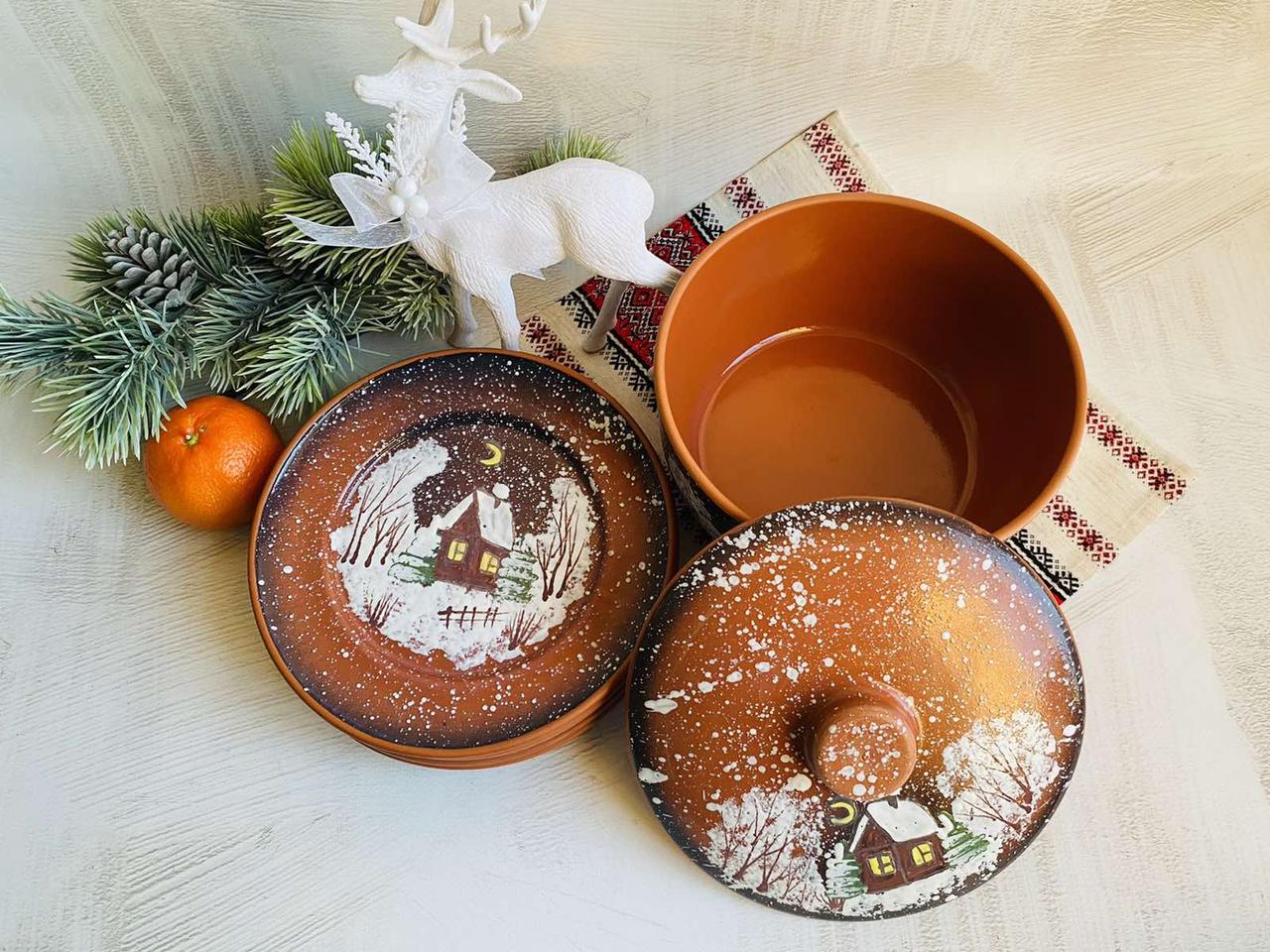 Набор глиняной Рождественской посуды Зима 4 персоны с рисунком ручной работы - фото 5