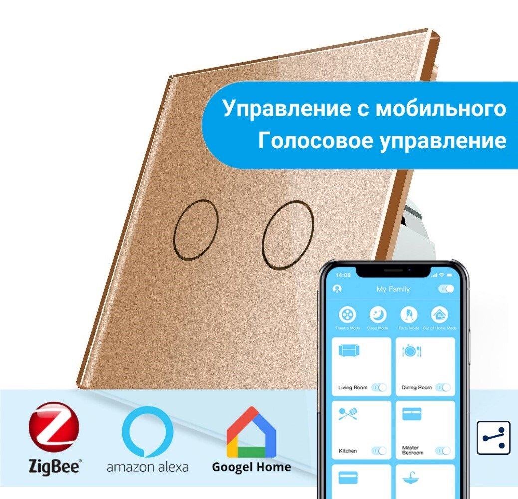 Сенсорный проходной выключатель Livolo ZigBee 2 сенсора стеклянный Золотой (VL-C702SZ-13) - фото 3