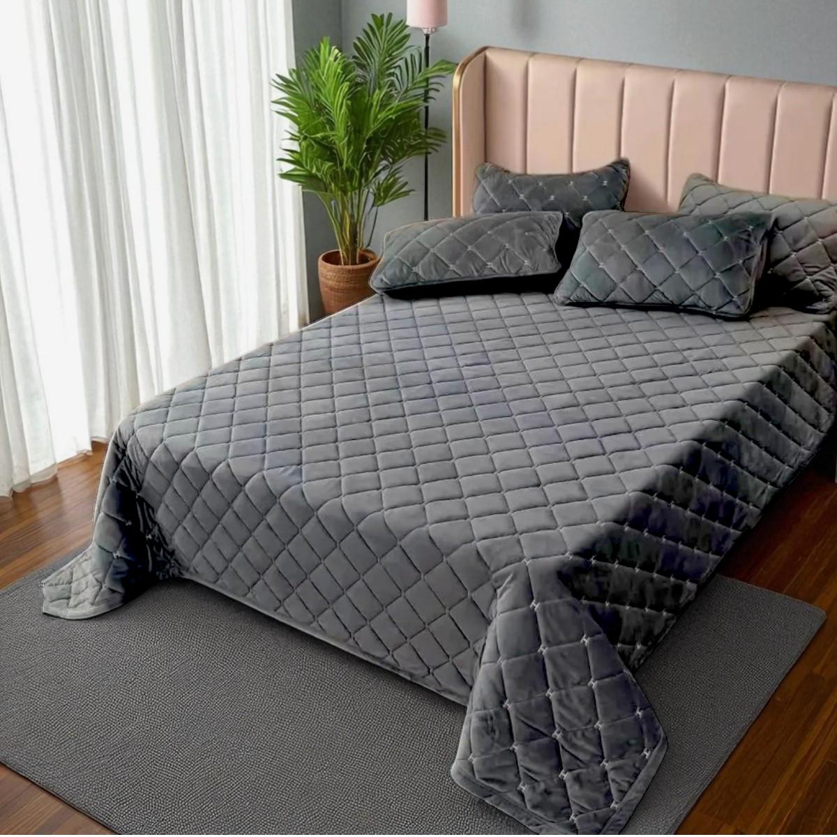 Покривало велюрове стьобане Koloco Ромби гіпоалергенне євро 220х240 см Графітовий (41906) - фото 1