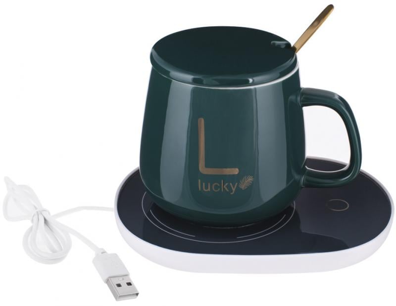 Чашка порцелянова Bona Lucky 400 мл з підігрівом від USB з кришкою та ложечкою Зелений