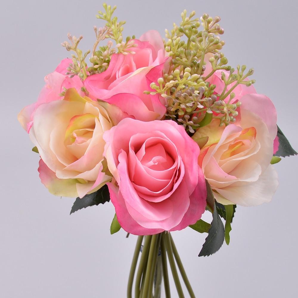 Искусственные цветы Букет роз с травкой Розовый (4527-1)