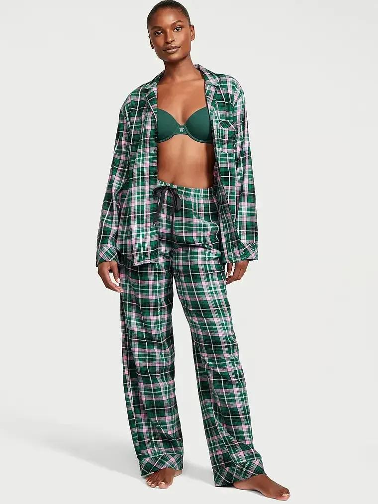 Піжама сорочка/штани фланель Victoria's Secret Long Pajama Set клітинка S Зелений (26710546)
